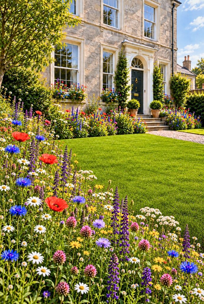 Townhouse garden bordered with colourful native Irish wildflowers from the Seed Bomb Ireland mix